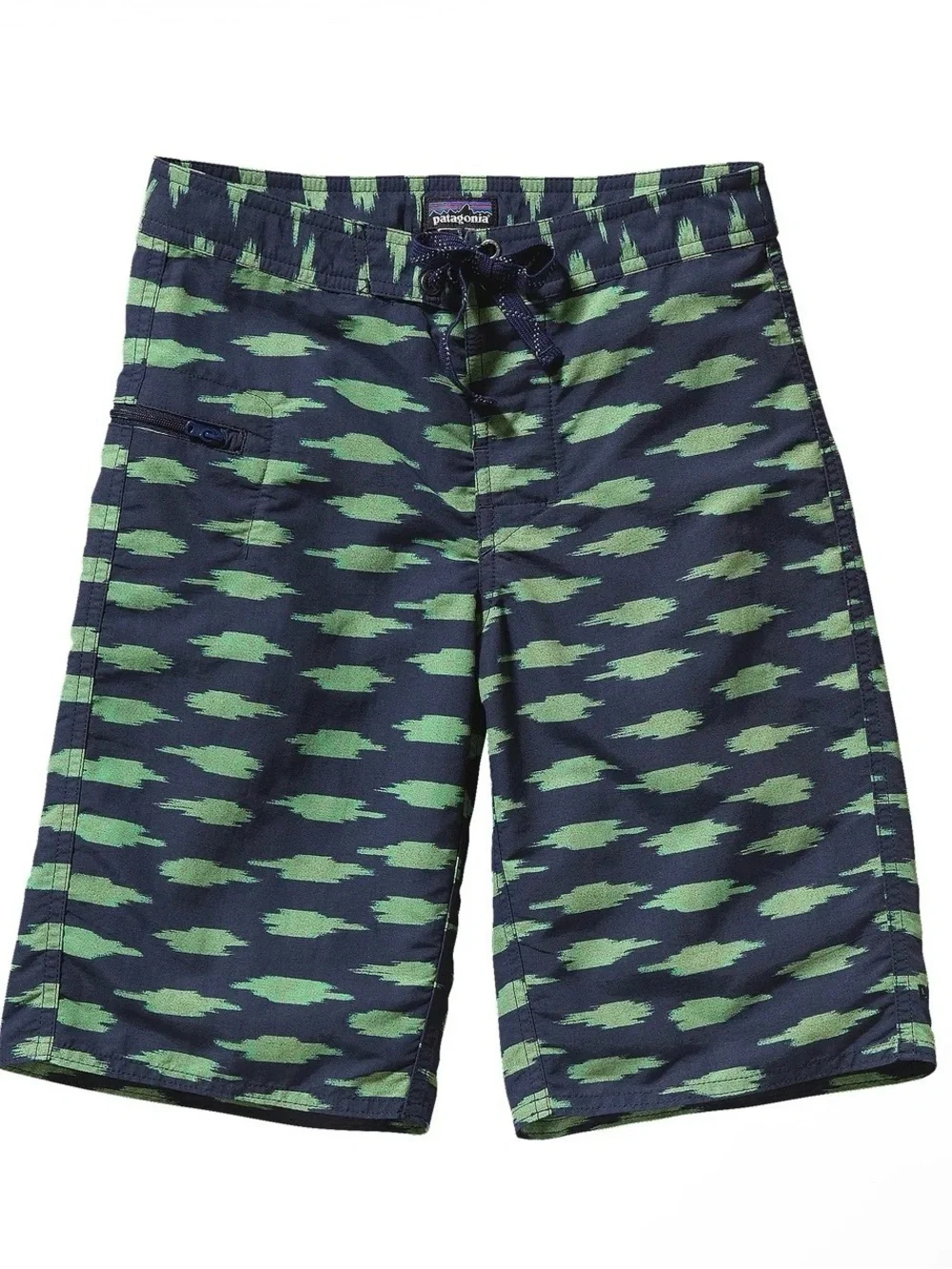 Patagonia Worn Wear Boys Wavefarer Board Shorts, Navy Blue Ikat Blocks - Size 10